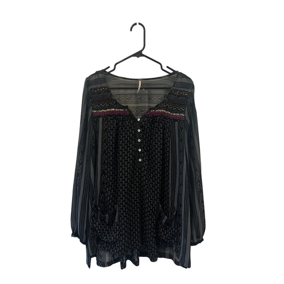 Free People Tops - Free People Black Patterned Beaded Tunic Top Long Sleeve Women Medium Sheer Boho